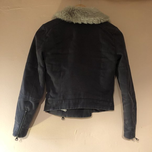 CLUB MONACO Fitted Grey Aviator Cotton Jacket, Faux Fur Collar, XS - Picture 2 of 5
